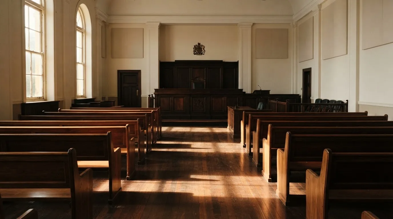 An empty courtroom with wooden benches in morning light