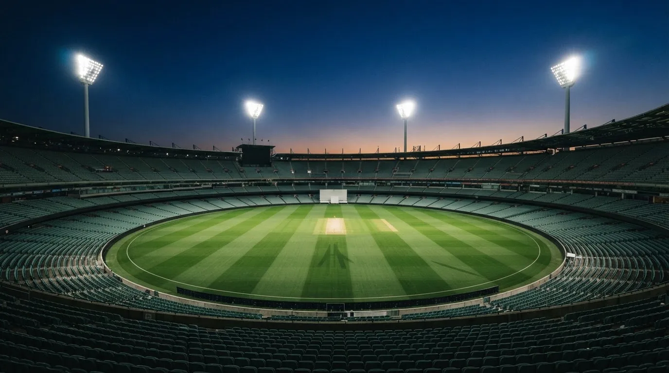 An empty football stadium with floodlight masts at dusk