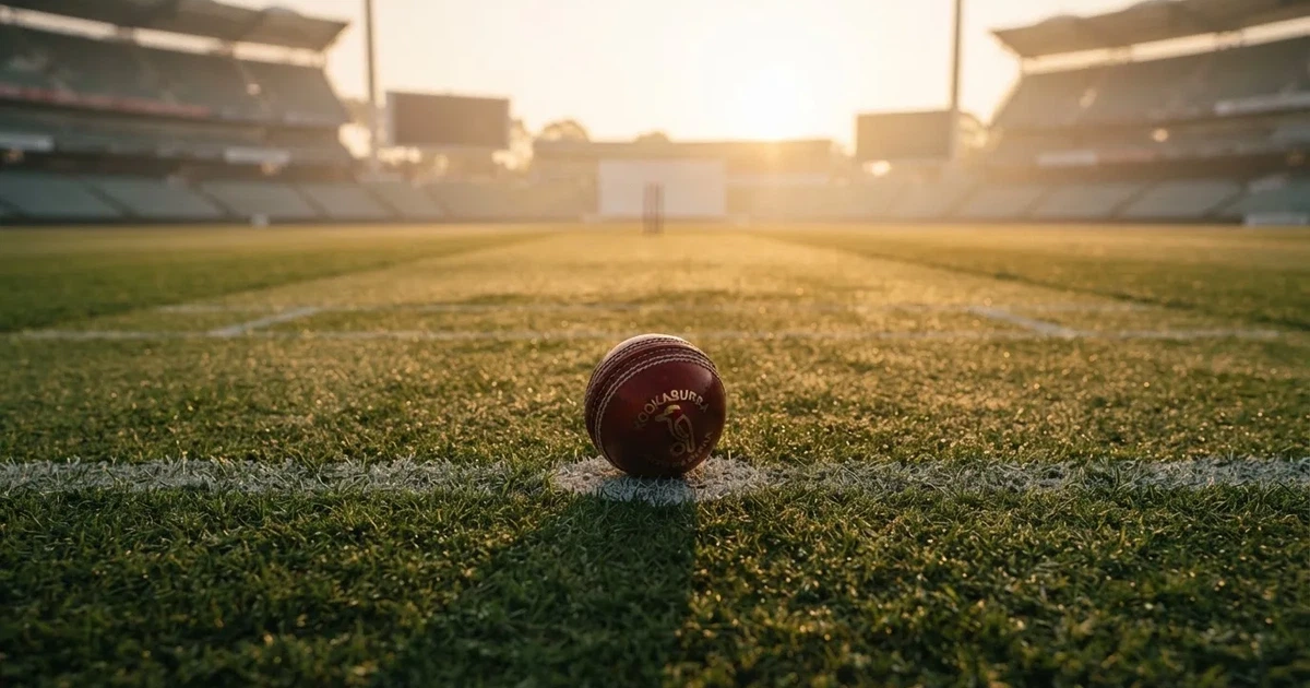 A ball on the centre spot of a grass pitch in morning light