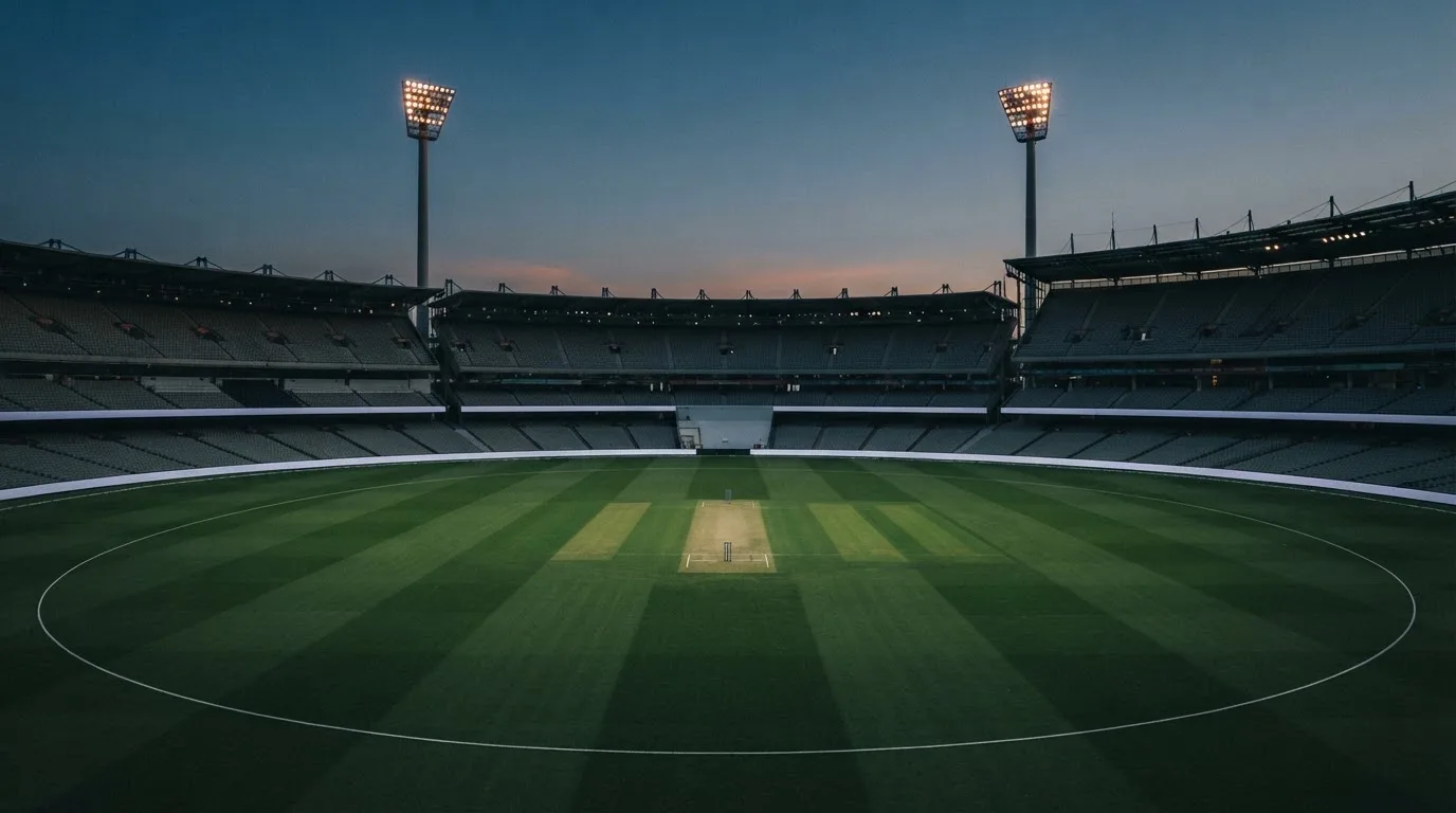 An empty football stadium with floodlight masts at dusk