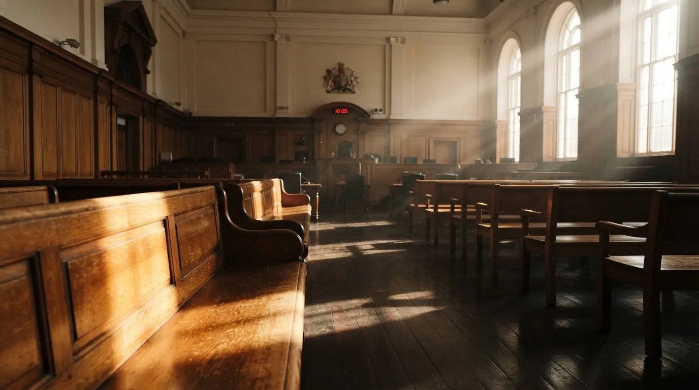 An empty courtroom with wooden benches in morning light
