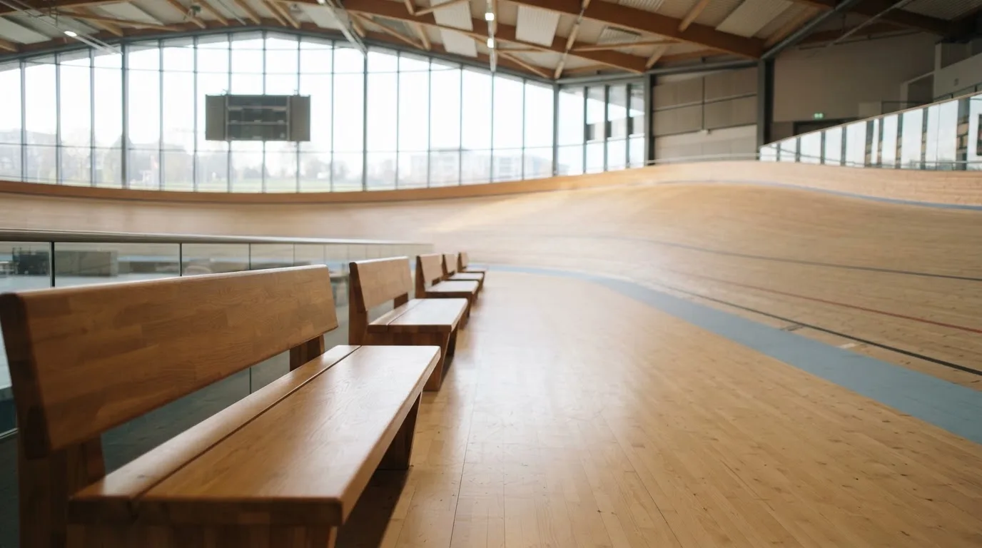 An empty courtroom with wooden benches in morning light