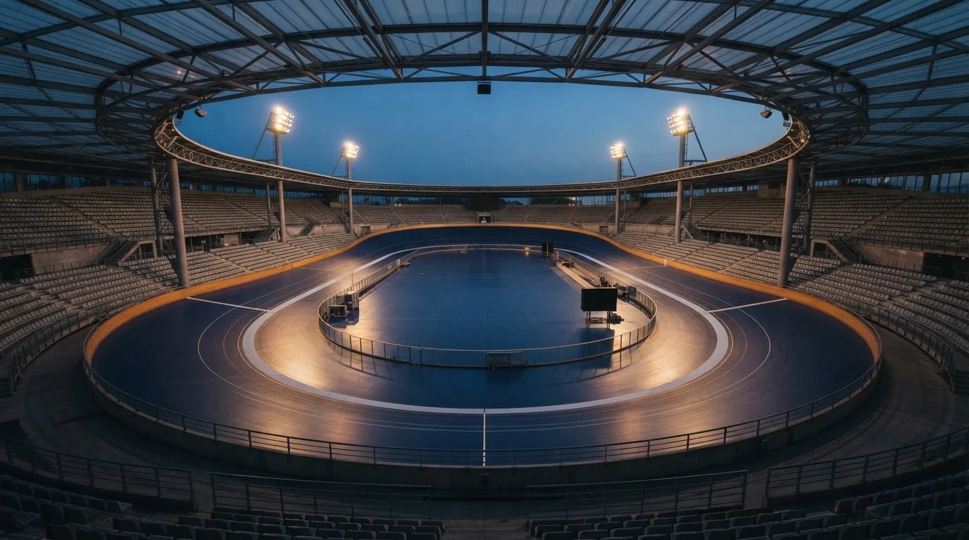 An empty football stadium with floodlight masts at dusk