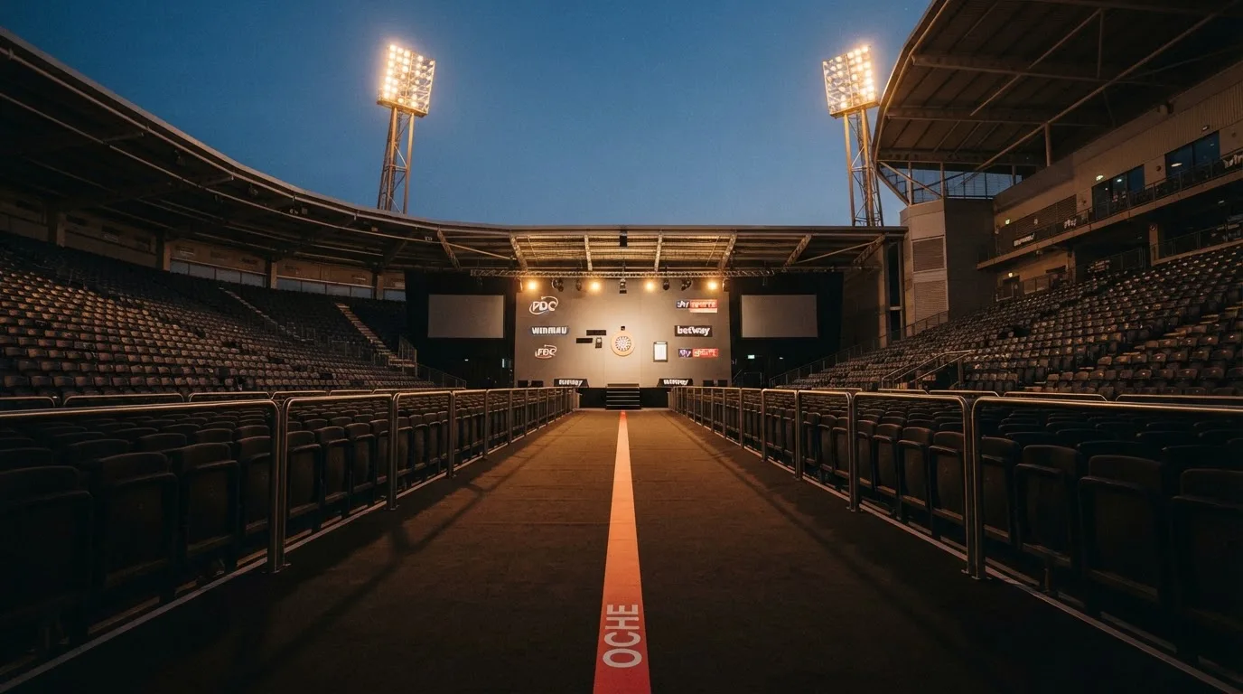 An empty football stadium with floodlight masts at dusk