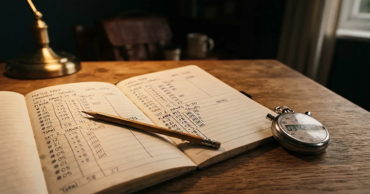 An open notebook with a pencil and a stopwatch on a wooden table