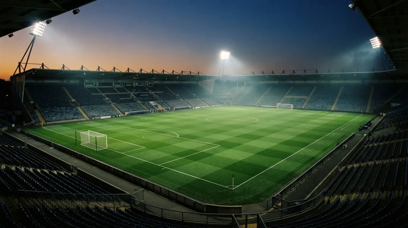 An empty football stadium with floodlight masts at dusk