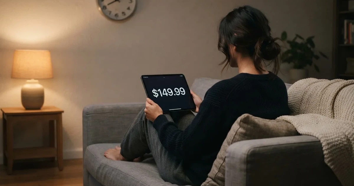 A person on a sofa looking thoughtfully at a tablet, a wall clock in the background