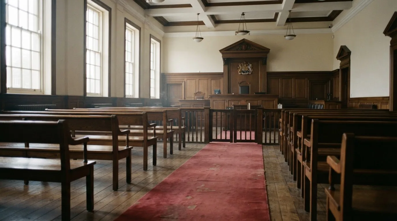 An empty courtroom with wooden benches in morning light