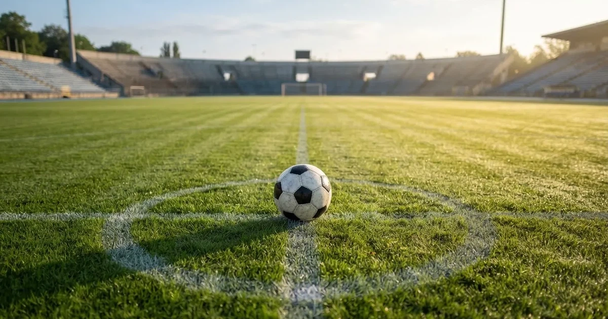 A ball on the centre spot of a grass pitch in morning light