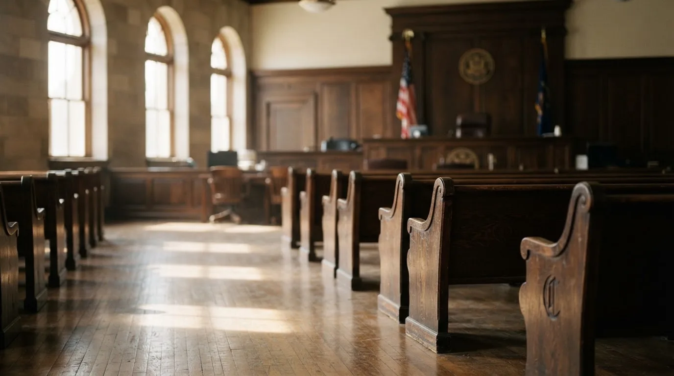 An empty courtroom with wooden benches in morning light