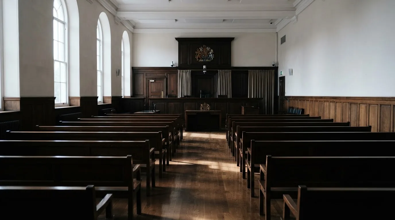 An empty courtroom with wooden benches in morning light