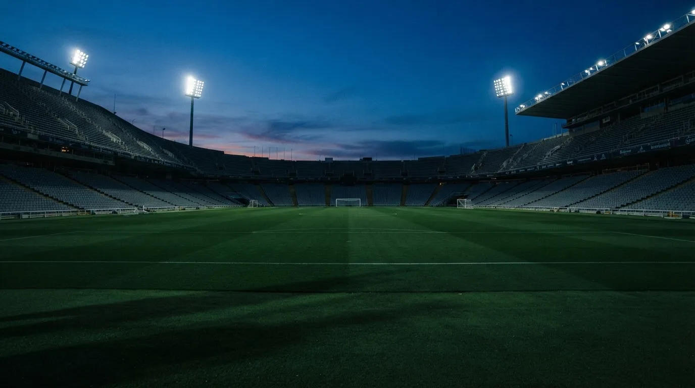 An empty football stadium with floodlight masts at dusk