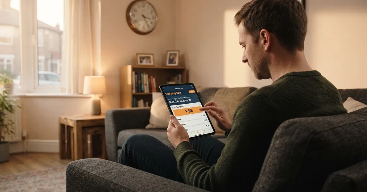 A person on a sofa looking thoughtfully at a tablet, a wall clock in the background