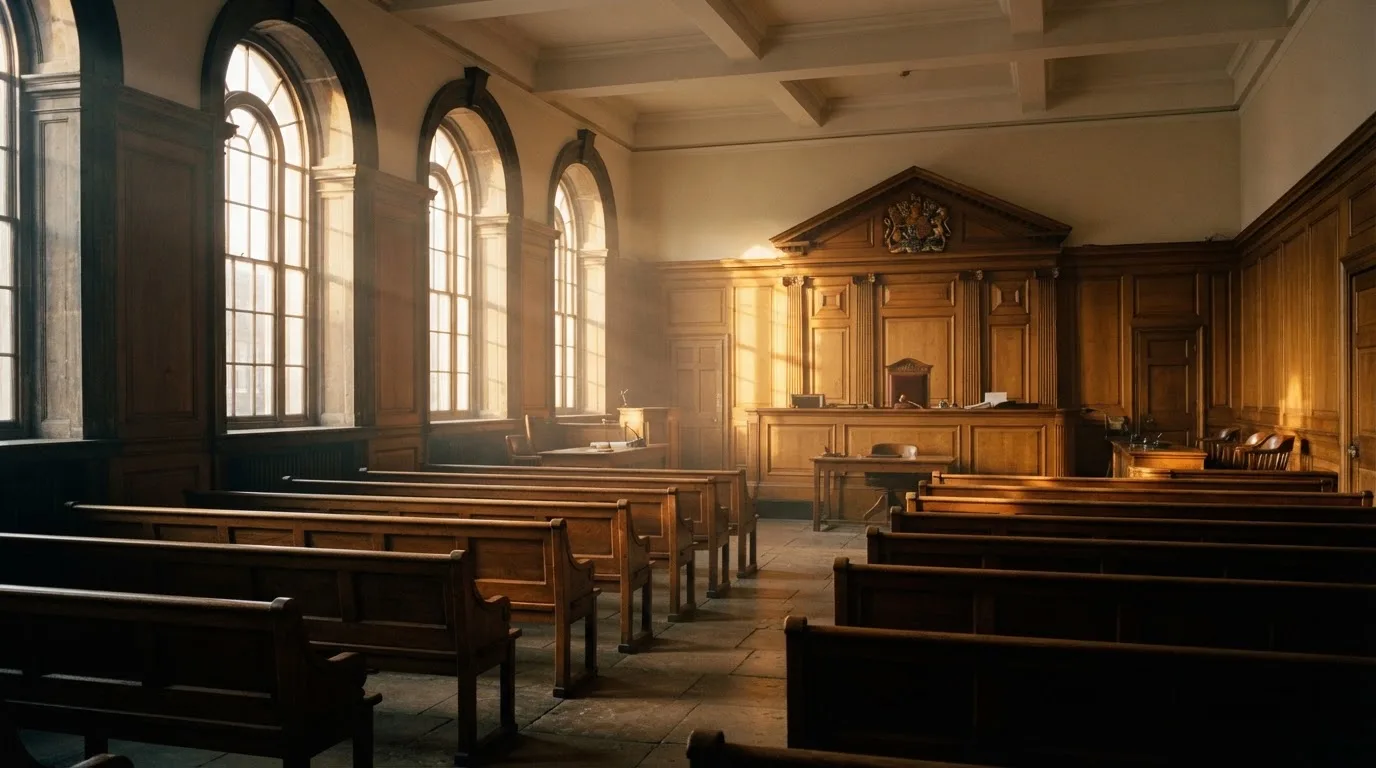 An empty courtroom with wooden benches in morning light