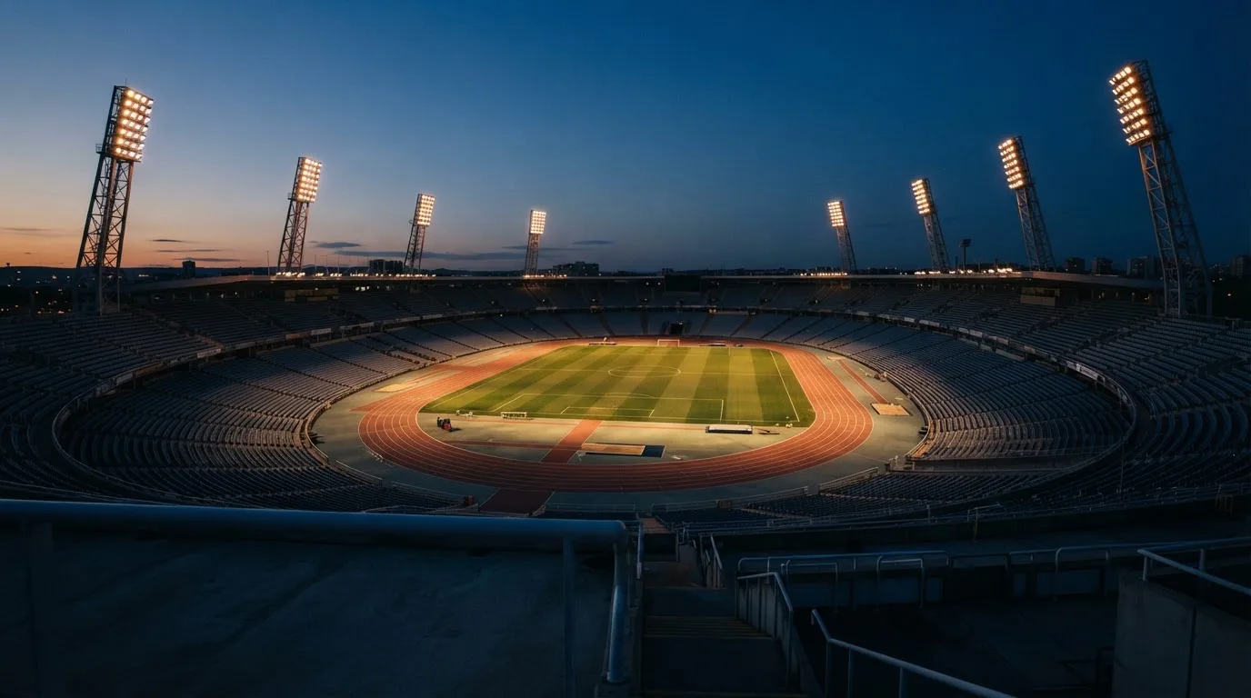 An empty football stadium with floodlight masts at dusk