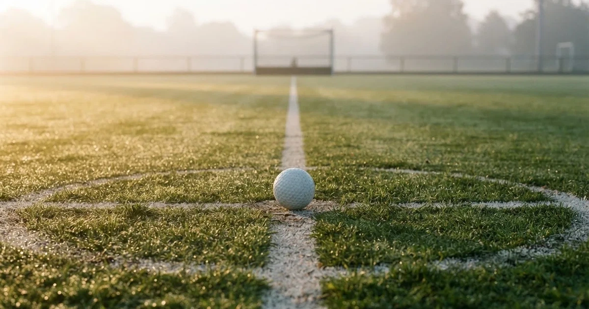 A ball on the centre spot of a grass pitch in morning light