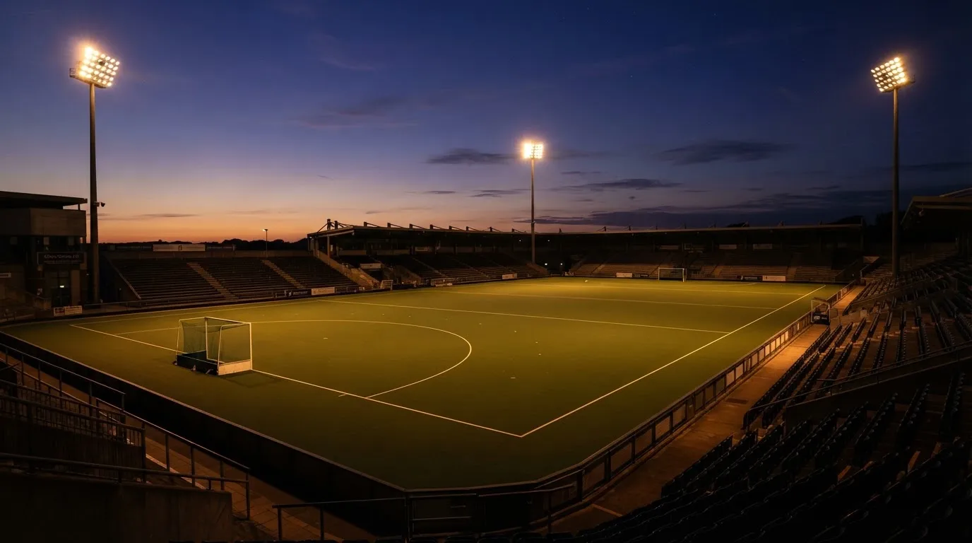 An empty football stadium with floodlight masts at dusk
