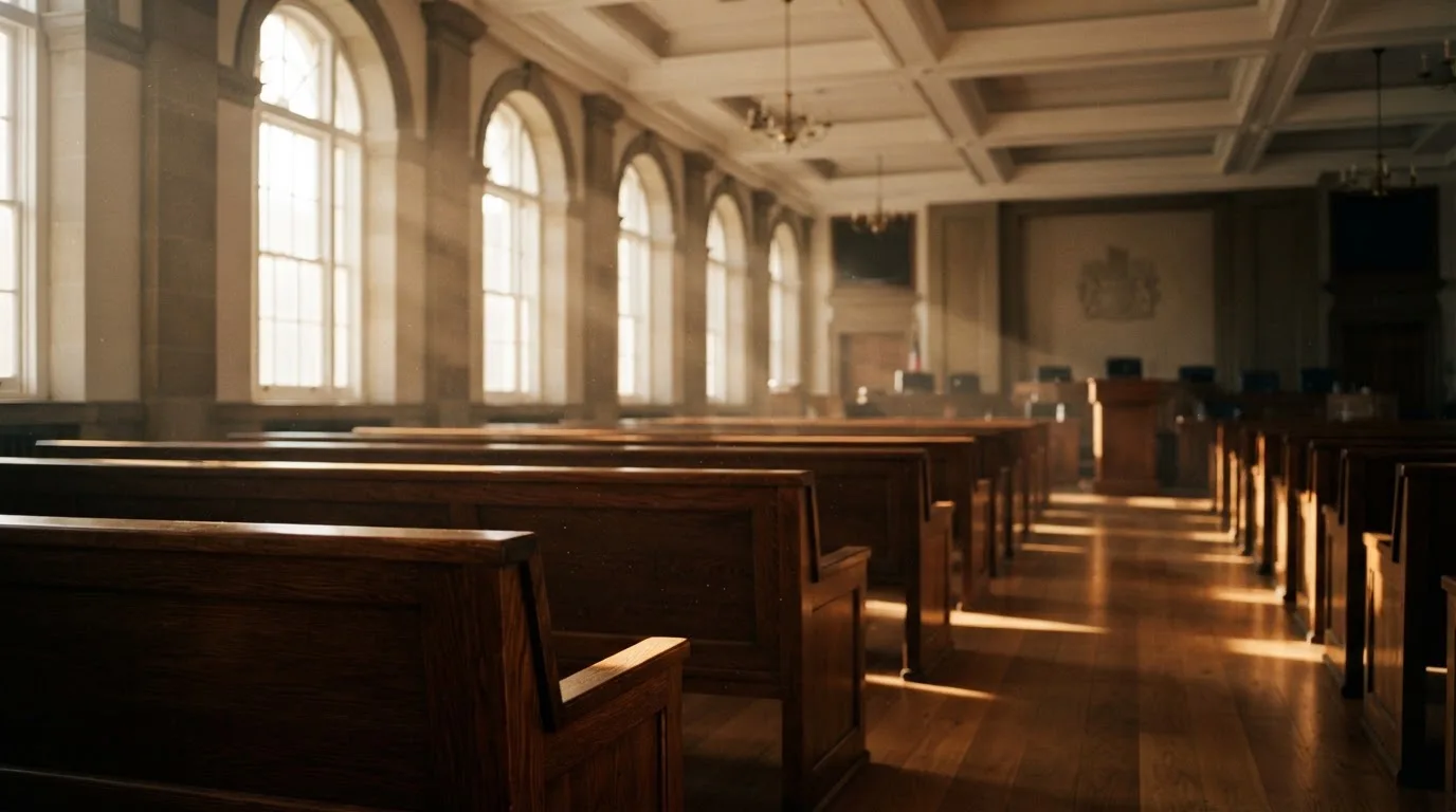 An empty courtroom with wooden benches in morning light