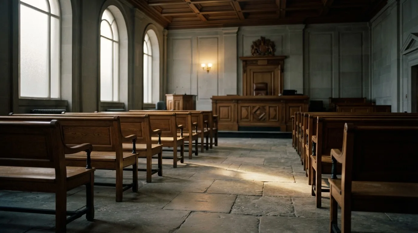 An empty courtroom with wooden benches in morning light