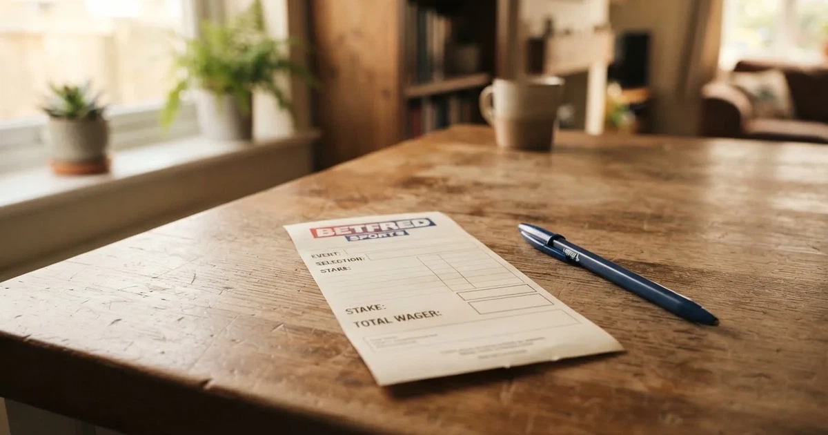 A blank paper betting slip beside a pen on a wooden counter
