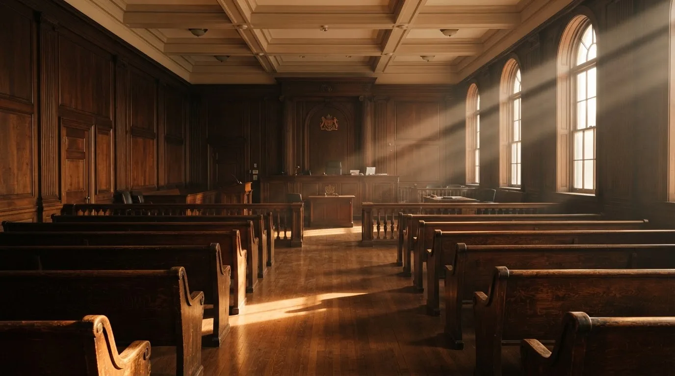 An empty courtroom with wooden benches in morning light