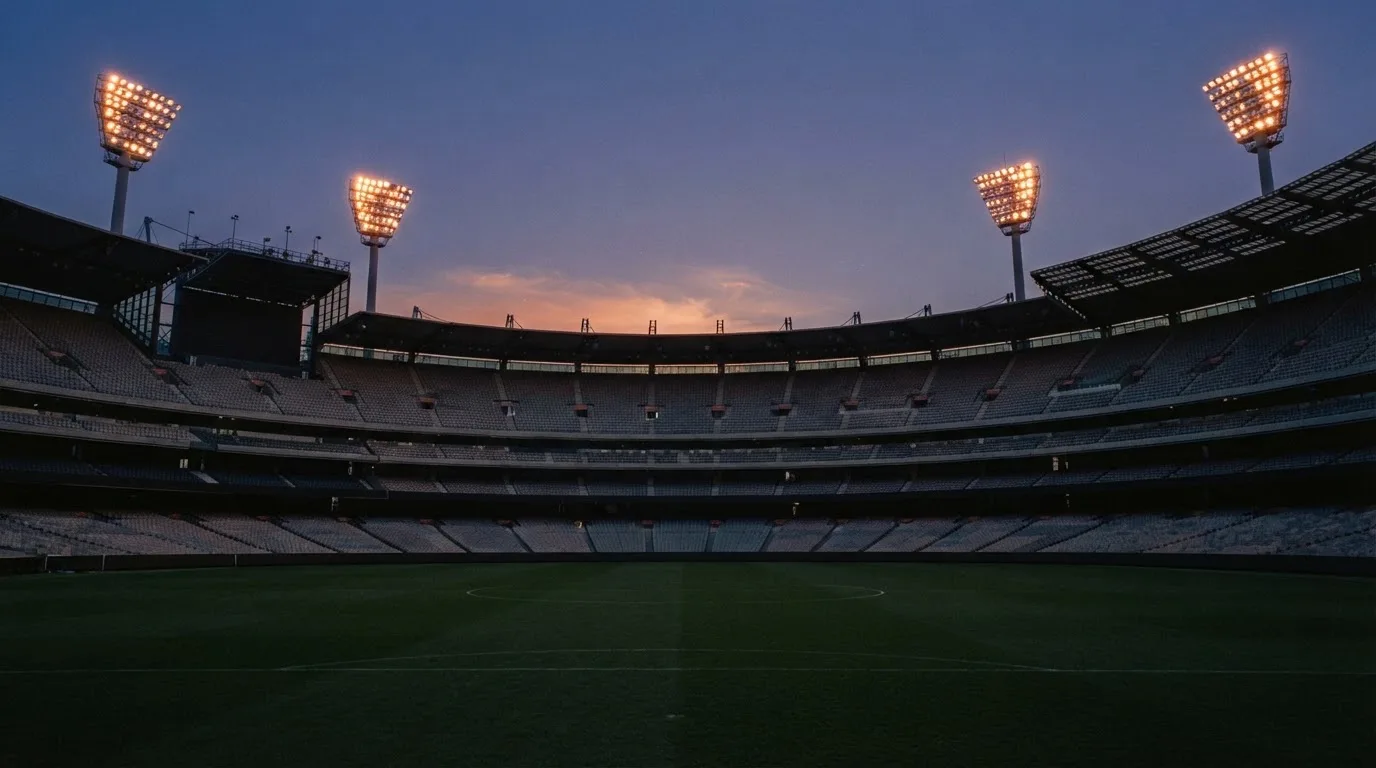 An empty football stadium with floodlight masts at dusk