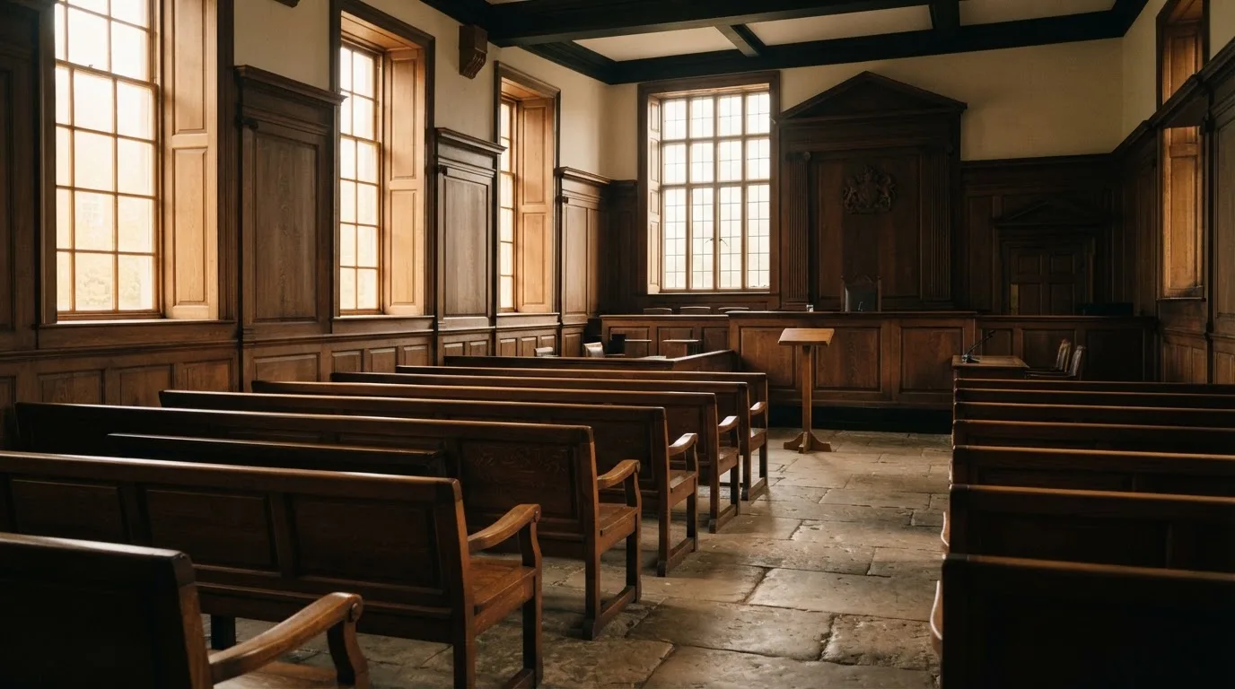 An empty courtroom with wooden benches in morning light