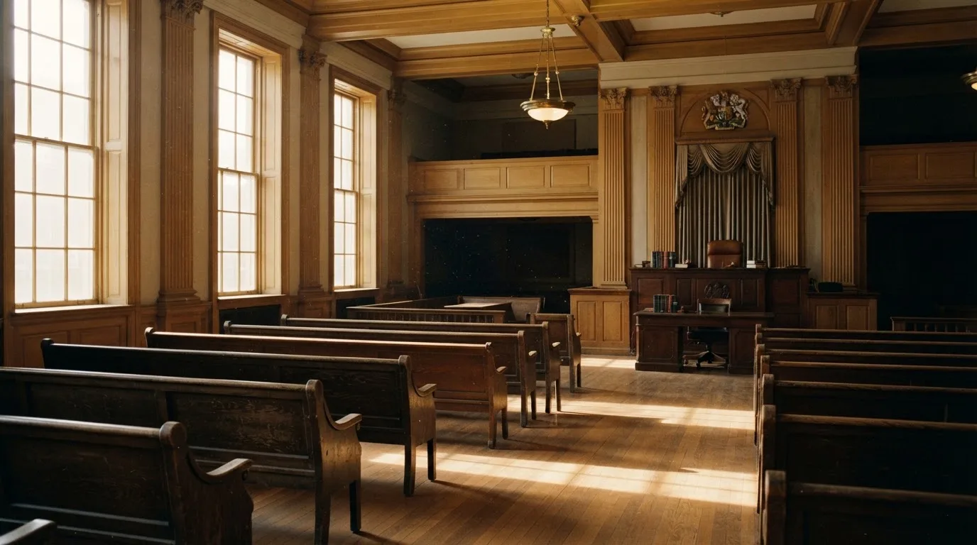 An empty courtroom with wooden benches in morning light