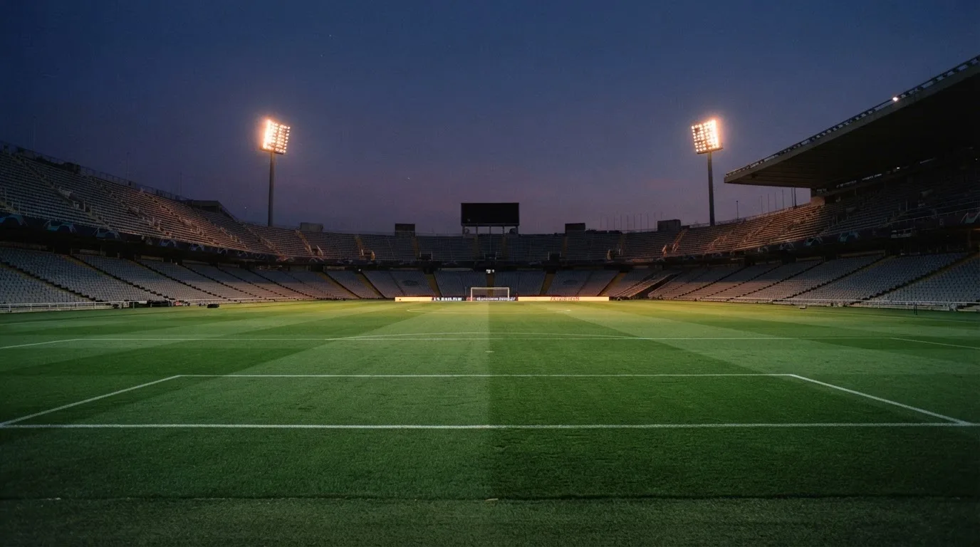 An empty football stadium with floodlight masts at dusk