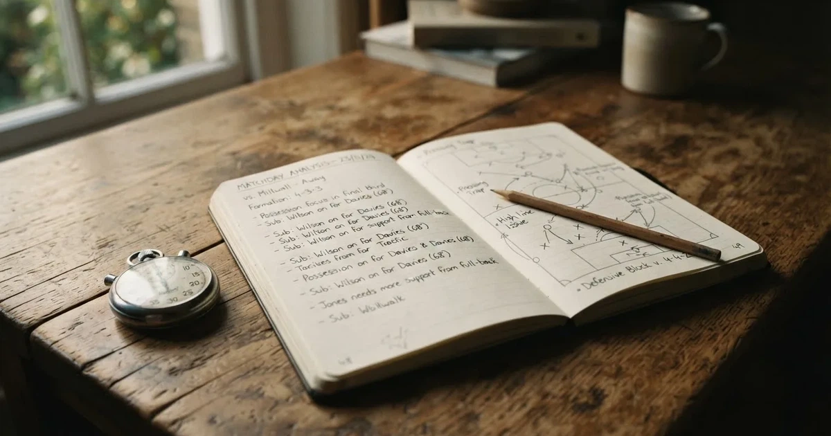 An open notebook with a pencil and a stopwatch on a wooden table