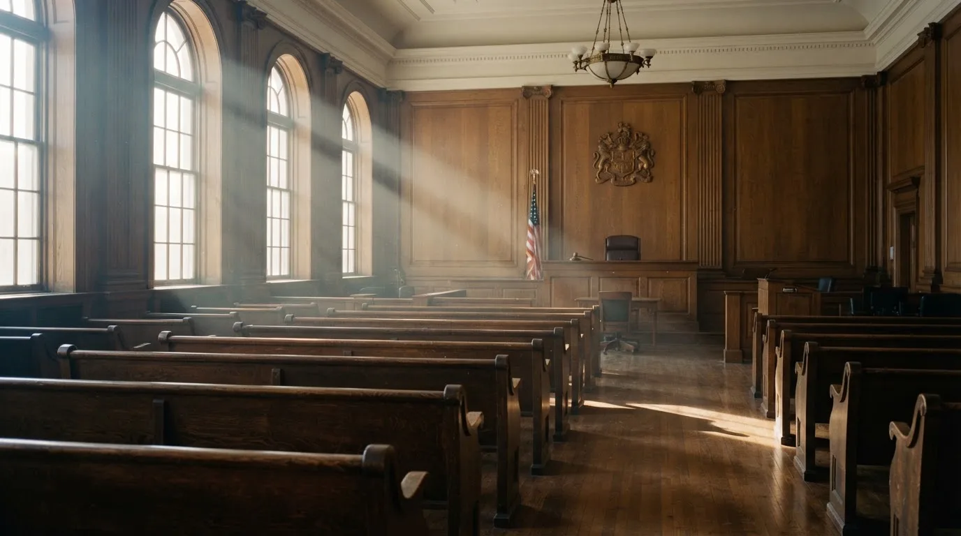 An empty courtroom with wooden benches in morning light