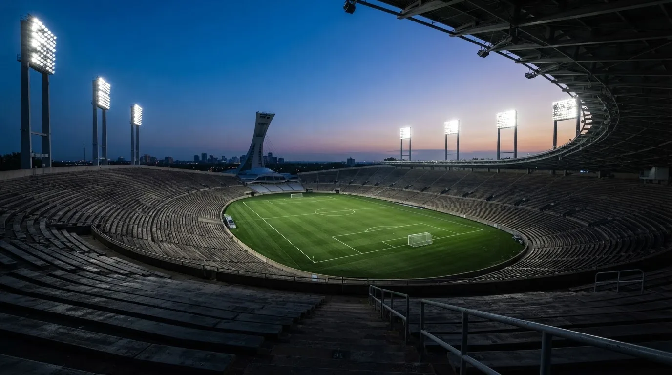 An empty football stadium with floodlight masts at dusk