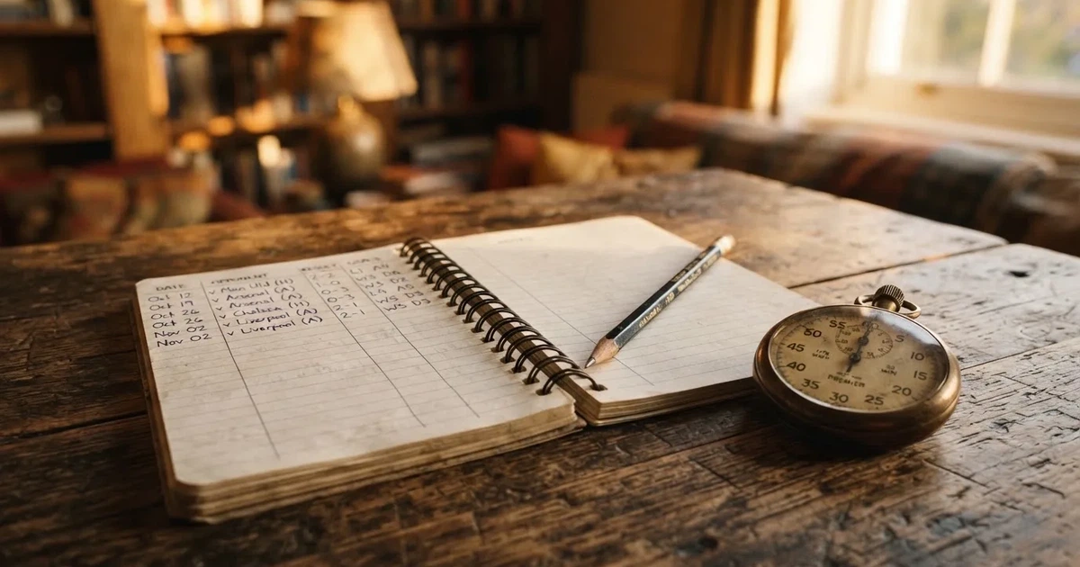 An open notebook with a pencil and a stopwatch on a wooden table