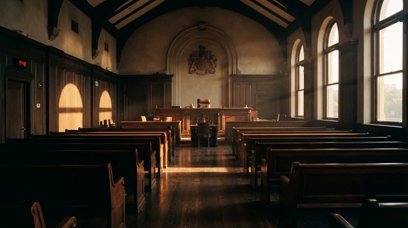 An empty courtroom with wooden benches in morning light