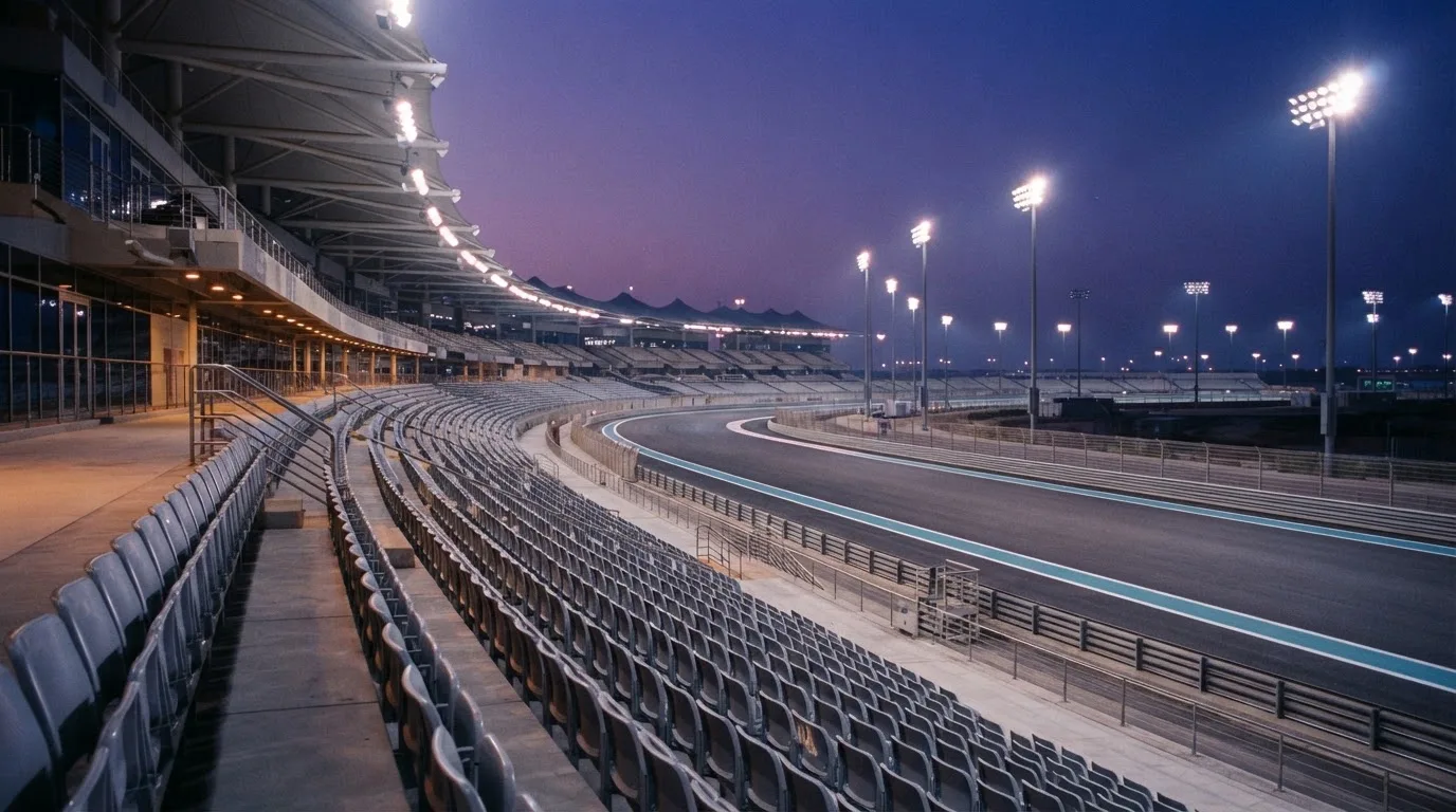 An empty football stadium with floodlight masts at dusk
