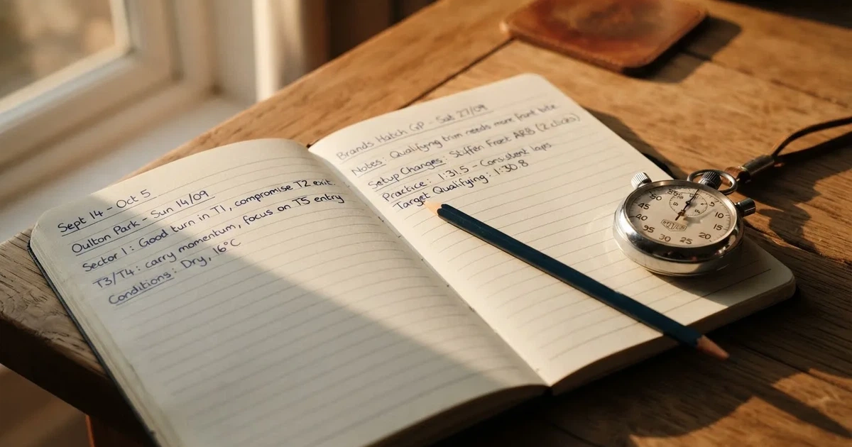 An open notebook with a pencil and a stopwatch on a wooden table