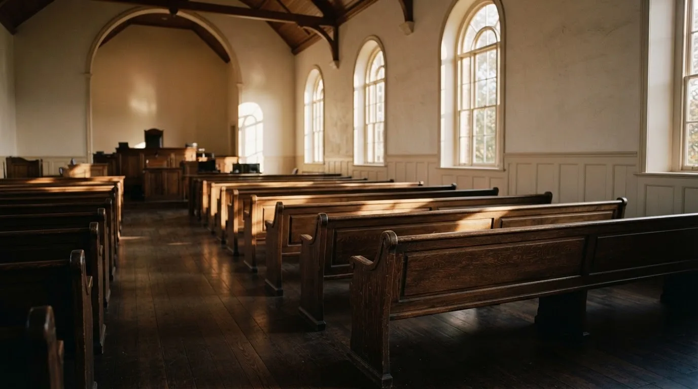 An empty courtroom with wooden benches in morning light