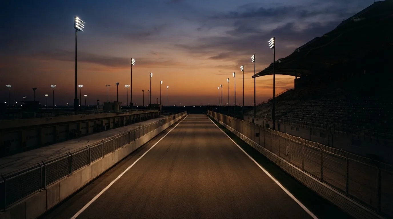An empty football stadium with floodlight masts at dusk