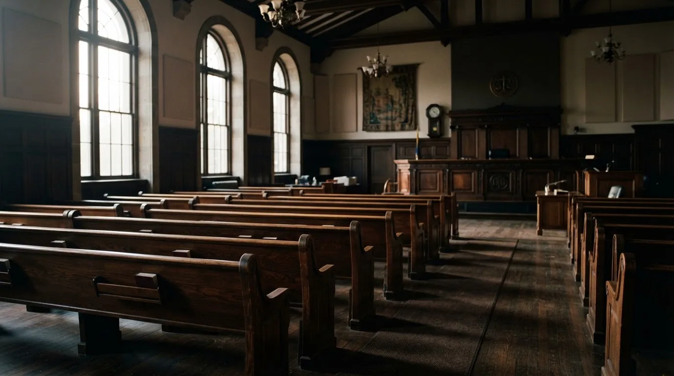 An empty courtroom with wooden benches in morning light