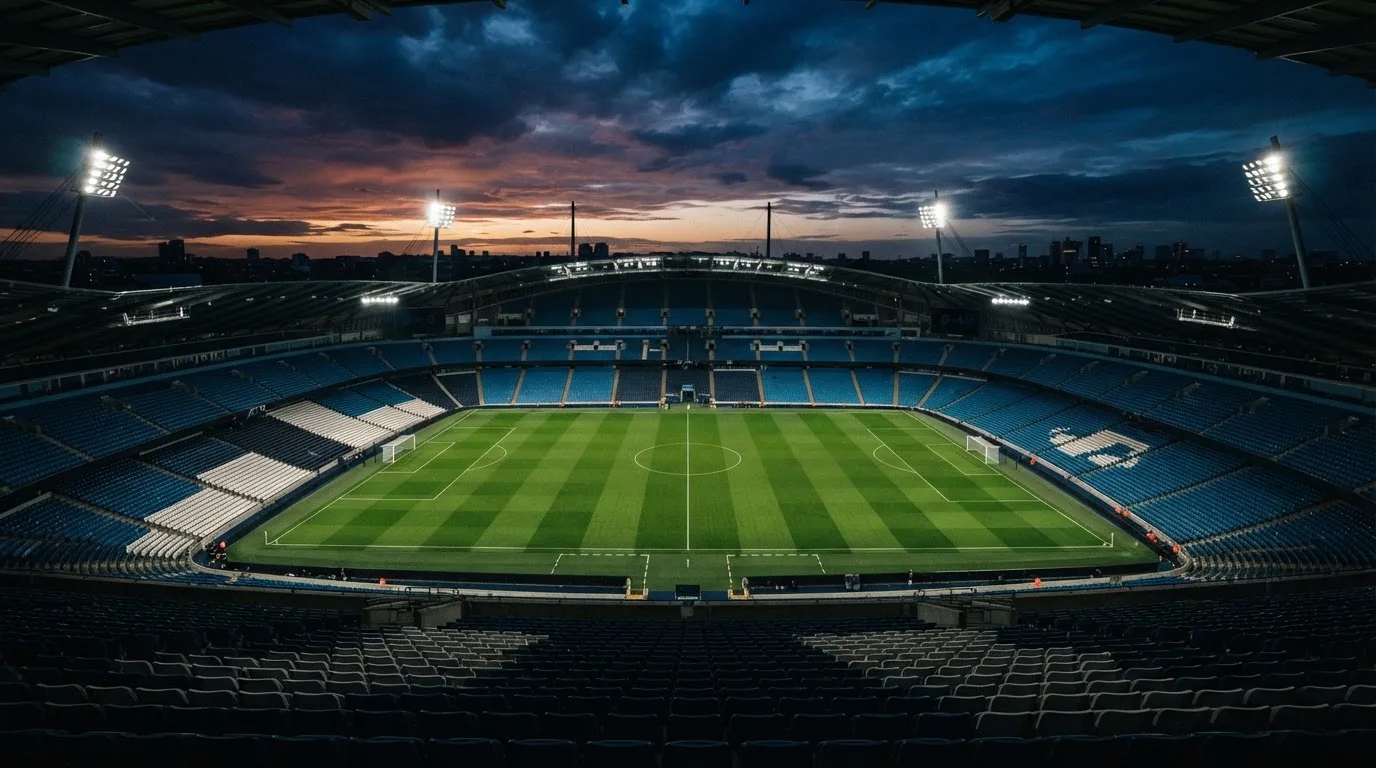 An empty football stadium with floodlight masts at dusk