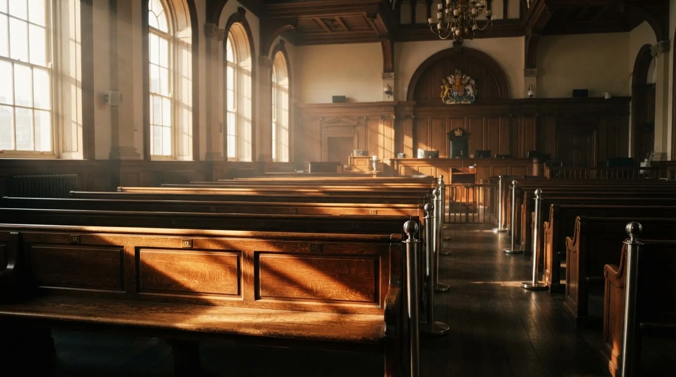 An empty courtroom with wooden benches in morning light