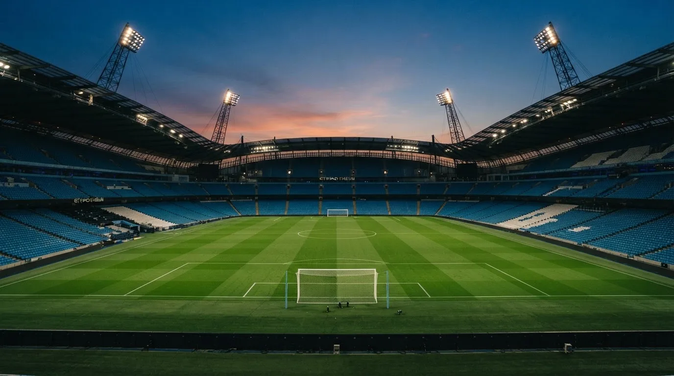 An empty football stadium with floodlight masts at dusk