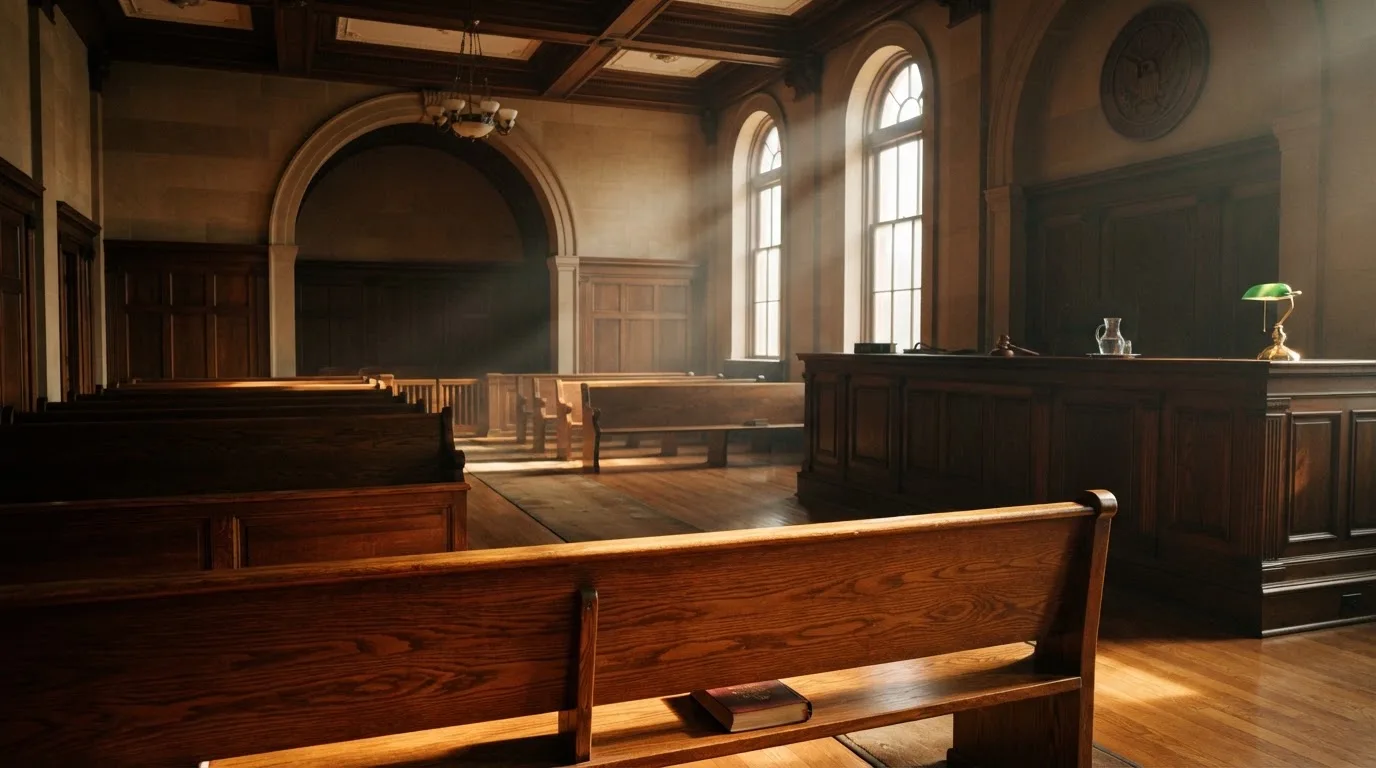 An empty courtroom with wooden benches in morning light