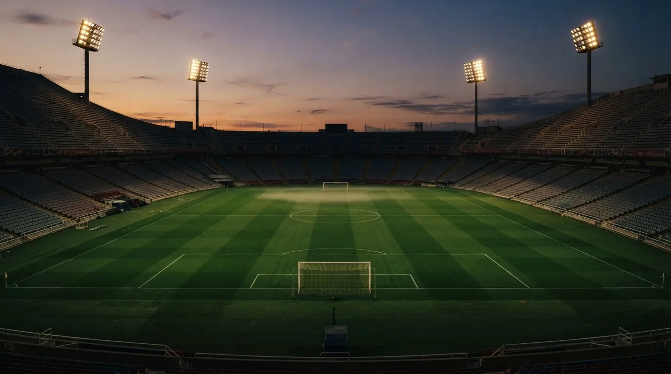 An empty football stadium with floodlight masts at dusk