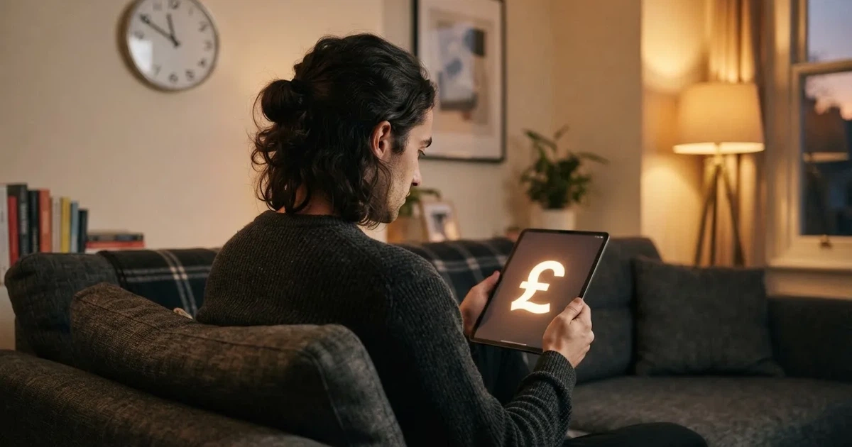 A person on a sofa looking thoughtfully at a tablet, a wall clock in the background