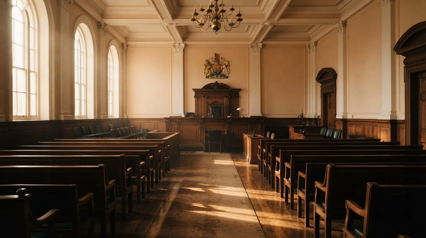 An empty courtroom with wooden benches in morning light