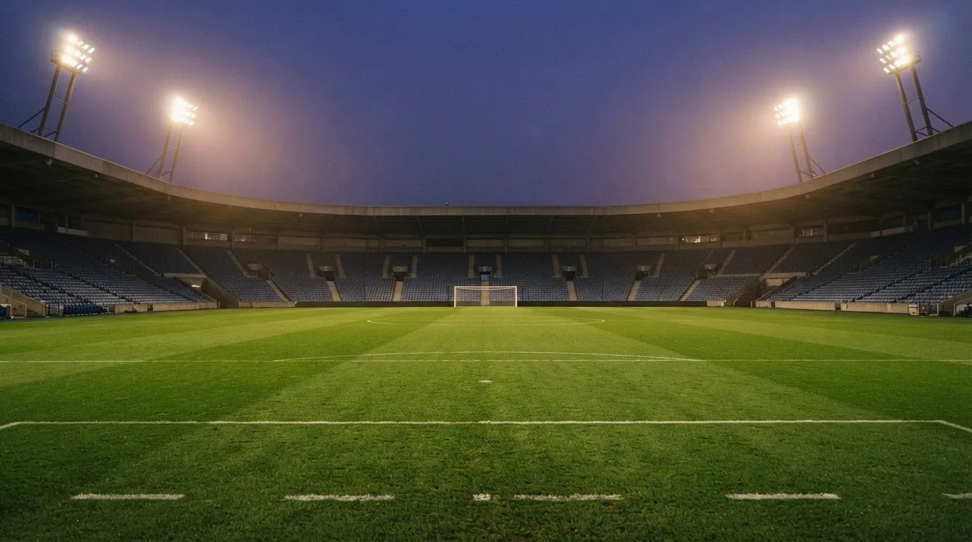 An empty football stadium with floodlight masts at dusk