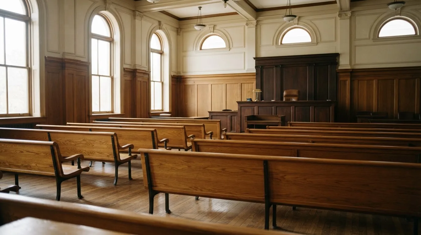 An empty courtroom with wooden benches in morning light