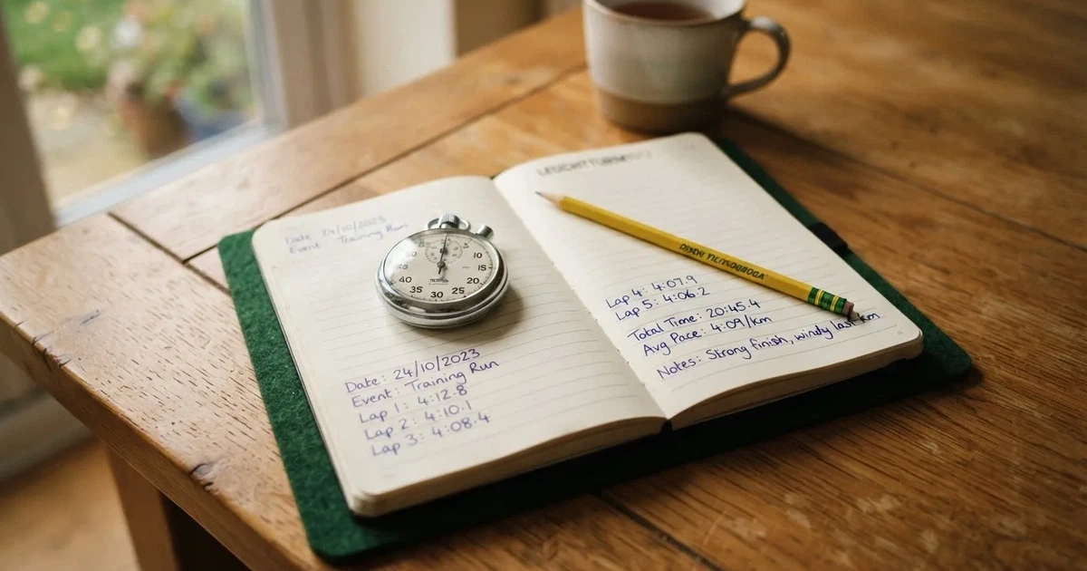 An open notebook with a pencil and a stopwatch on a wooden table
