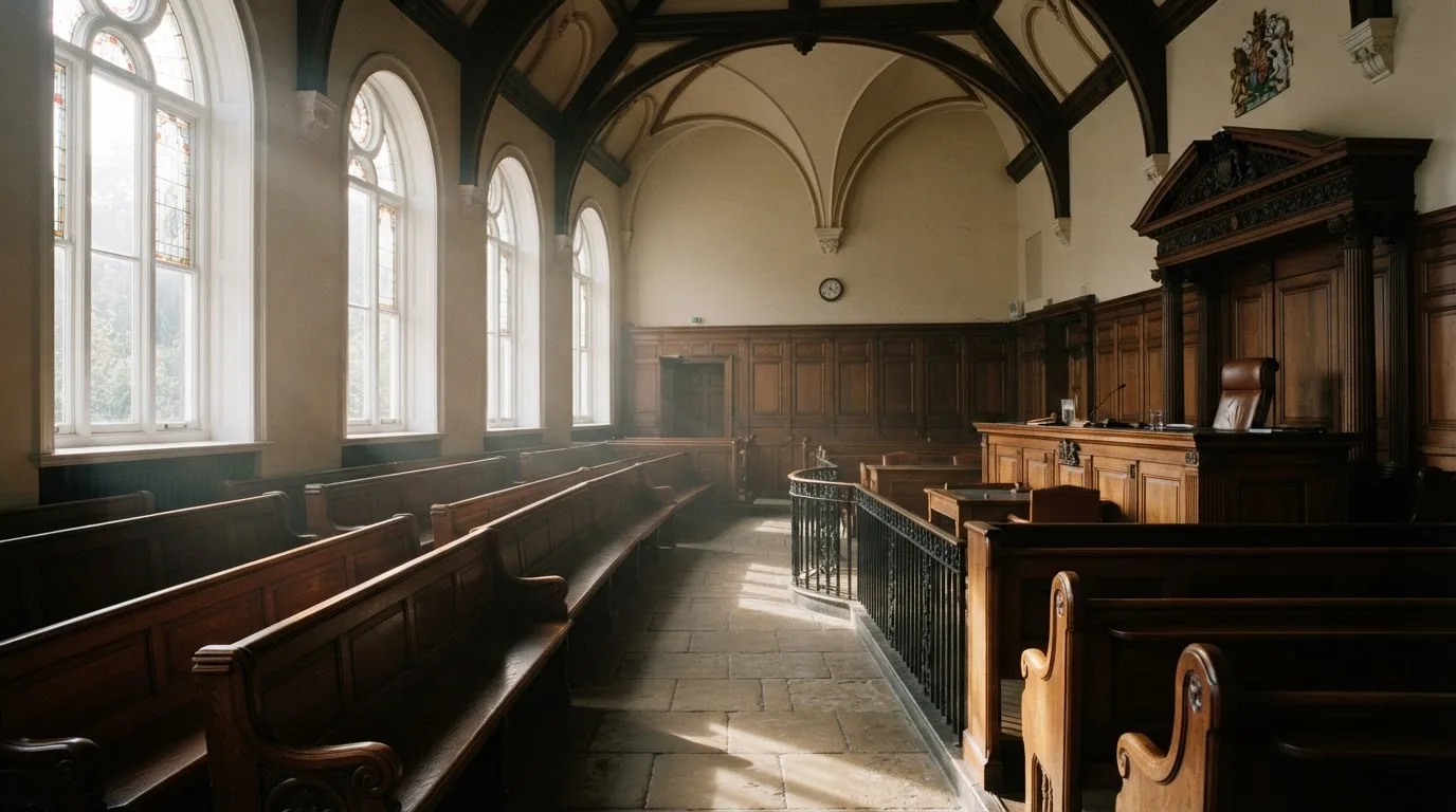 An empty courtroom with wooden benches in morning light